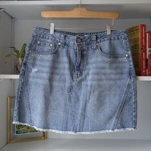 Seven7 Denim Mini Skirt Rinestones Light Blue Jean Size 10 Large Y2K Western